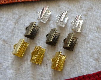 10x Gold/Silver/Bronze 10mm Flat Cord Crimp End Ribbon Caps, Metal Clamps