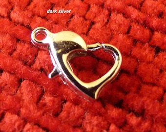 10x Heart Lobster Claw Clasps, Silver Tone Jewelry Closures