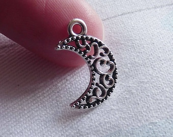 30x Moon Bulk Charms, Antique Silver Tone Filigree Crescent Moon Charms