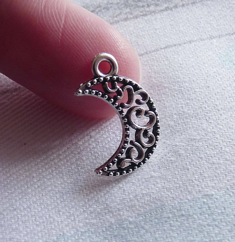 30x Crescent Moon Bulk Charms Antique Silver Tone Filigree Moon Charms