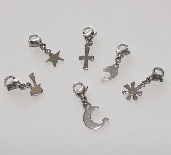 Clip on Charms, Stainless Steel Bag Zipper Moon/Star/Cross/Guitar/Dolphin Clip on Charms with Lobster Clasp F227