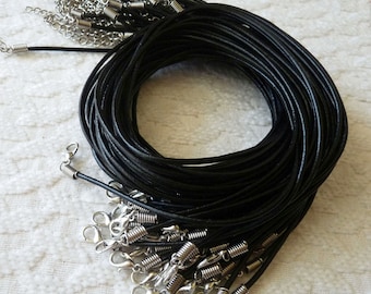 2x Black Round Genuine Leather Necklace 2mm, 16" Finished Cord Necklace + 2" Extension Chain C370