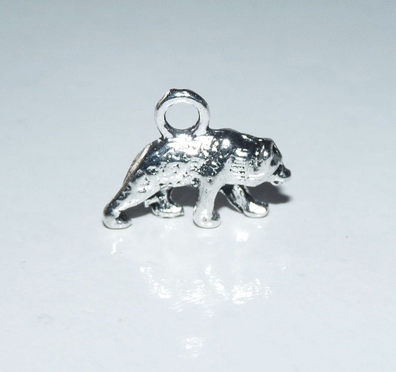 May include: Silver charm of a bear with a loop for attaching to a necklace or bracelet.