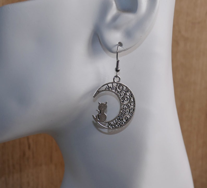 Sterling silver hooked cat moon charm earrings