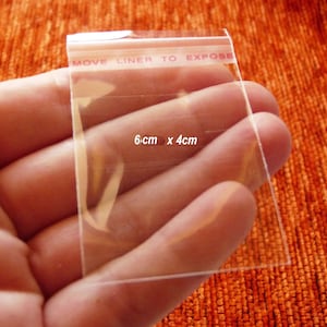 May include: Clear plastic bag with a red label that says "Move Liner to Expose". The bag is 6 cm by 4 cm and is held in a hand.