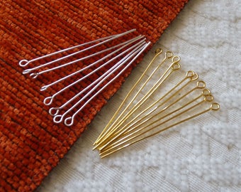 2 inch long Eye Pins, 50mm Eyepins, Gold Plated Eye Pins, Silver Plated Eye Pins for Beading, Head Pins, Beading Supplies