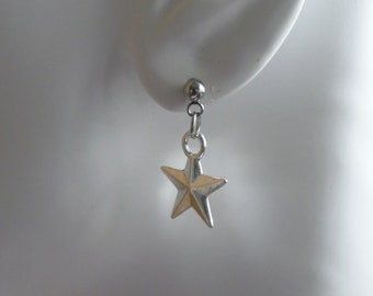 Star Charm Dangle Earrings, Silver Tone Stainless Steel Ball Stud Earrings F122