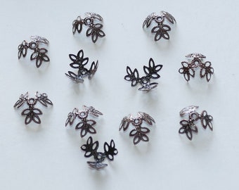 20x Black/copper Flower Bead Caps, 12mm Filigree Three Leaf