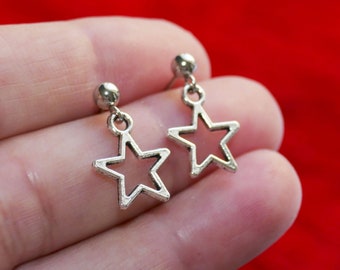 Star Charm Dangle Earrings, Silver Tone Stainless Steel Ball Stud Earrings D330