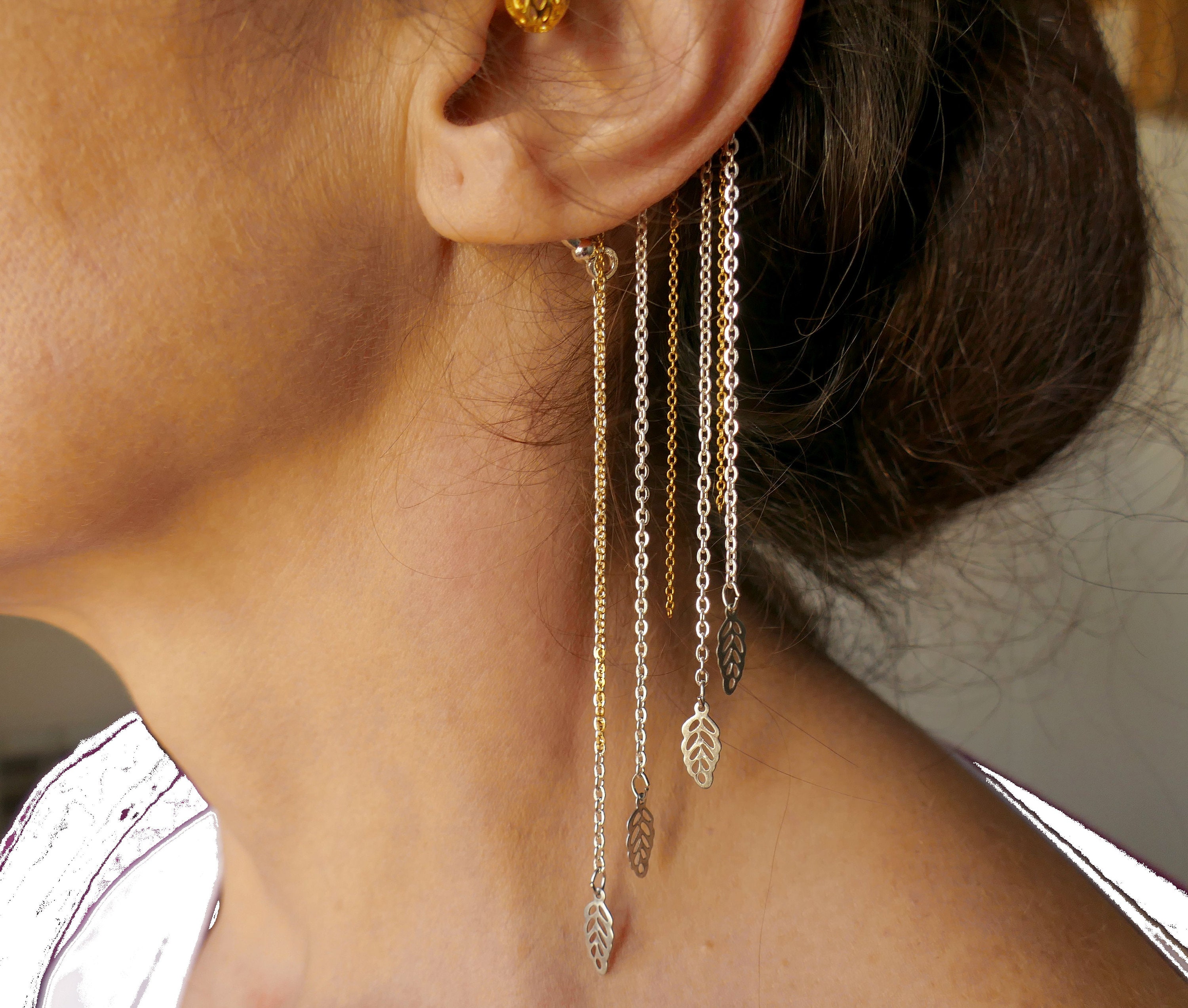 [BLACKMUSE] 925silver☆Long chain drop ear cuff Ear Cuff Wrap Long Chain Tassel Drop Earrings, No Piercing