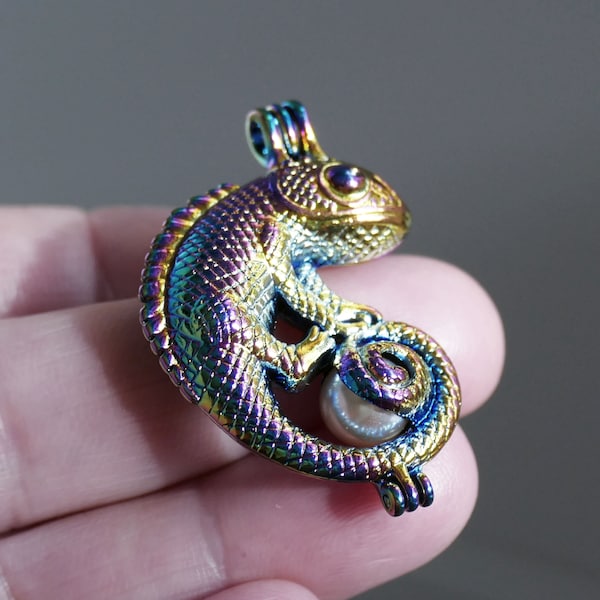 Rainbow Chameleon Pearl Cage Locket Pendant, Oil Diffuser Bead Cage Bola Pendant G052