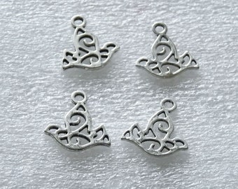 5/10 Dove Bird Charms, Antique Silver Tone Double Sided Pendants C241
