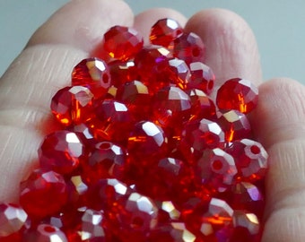 24x Red AB Glass Crystal Beads 6mm x 8mm, Rondelle Translucent Glass Beads, Beading Supplies D172