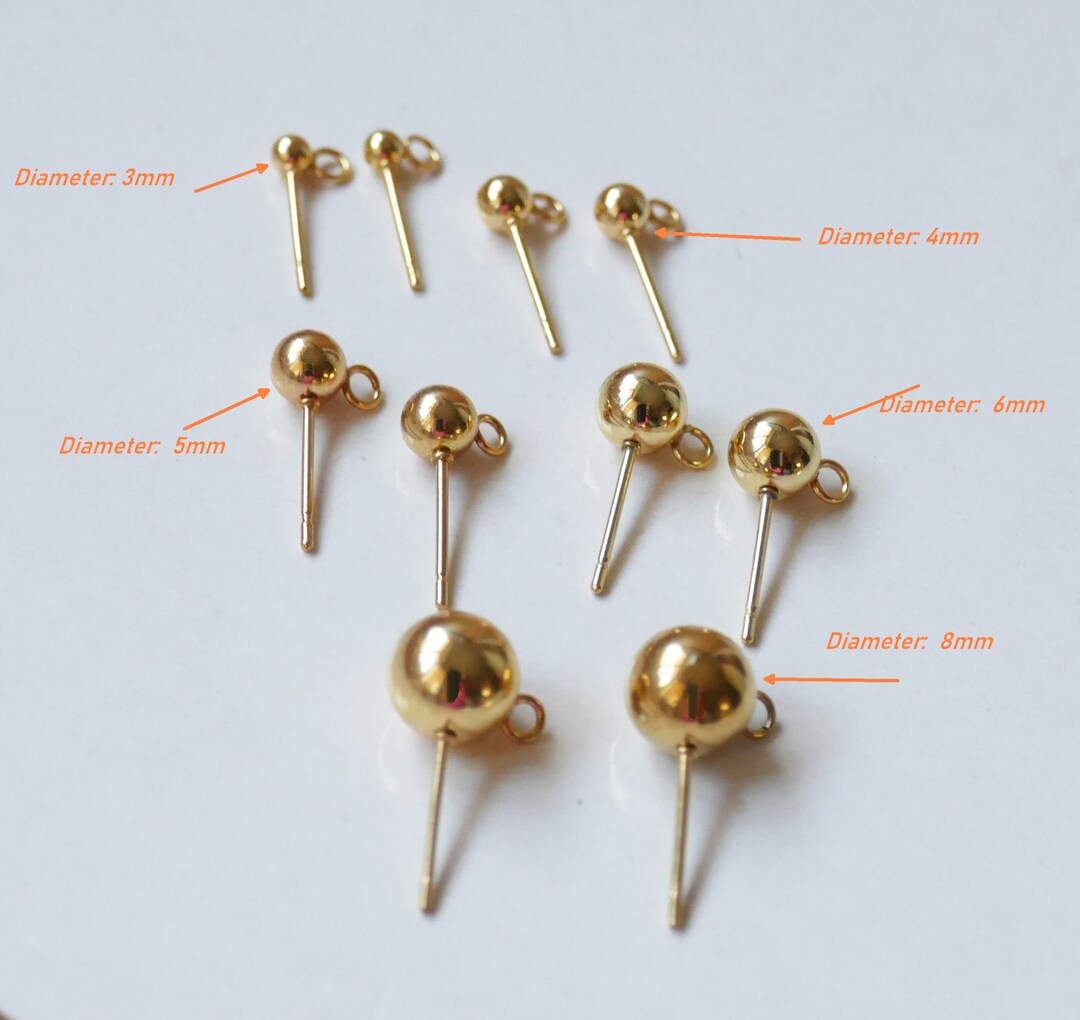 4x Gold Stainless Steel Ball Earring Stud With Open Loop, 3m/4mm/5mm