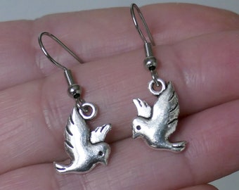 Dove Bird Stainless Steel Hook Earrings with Rubber Backs G053