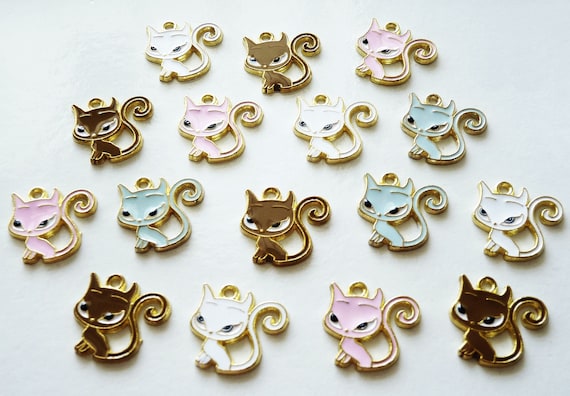 2x Cat Charms, Enamel Kitten Charms for Bracelet, Cartoon Kitten Charms,  Gold Color Metal Charms C448 