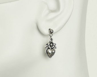 Heart Earrings, Heart Shaped Earring, Heart Charm Earrings, Heart with Flower Earrings, Love Earrings, Stainless Steel Earring Studs U020