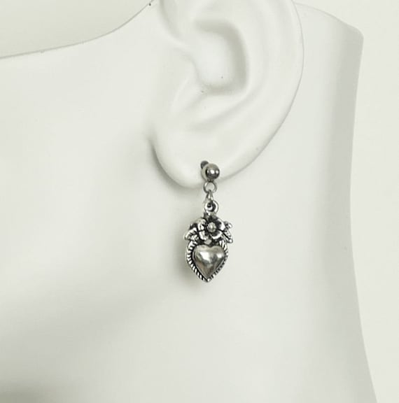 Heart Earrings, Heart Shaped Earring, Heart Charm Earrings, Heart with Flower Earrings, Love Earrings, Stainless Steel Earring Studs U020