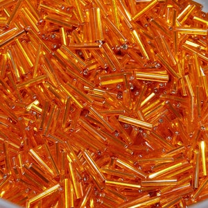 Orange Beads, Czech Bugle Beads, 11mm Long Silver Lined Orange Tube Beads, 10g Orange Bugle Beads, Orange Glass Beads, Beading Supplies B374