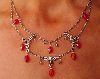 Red Crystal 2 Strand Stainless Steel Chain Necklace, Free Shipping U118