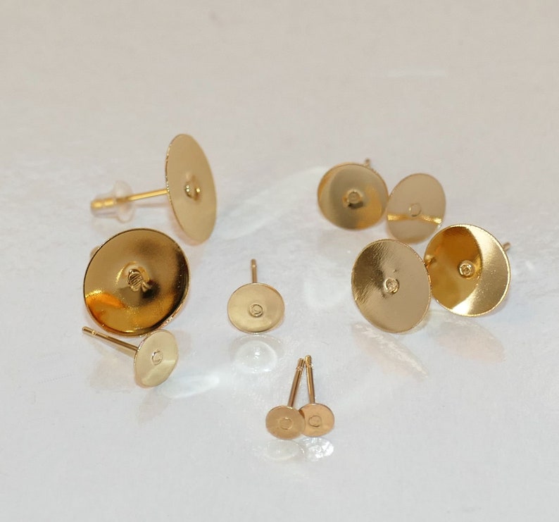 10x Hypoallergenic Gold Plated Stainless Steel Earring Studs 3mm/4mm/5mm/6mm/8mm/10mm/12mm/14mm Blank Flat Back Pad Cabochon Settings F123 image 3