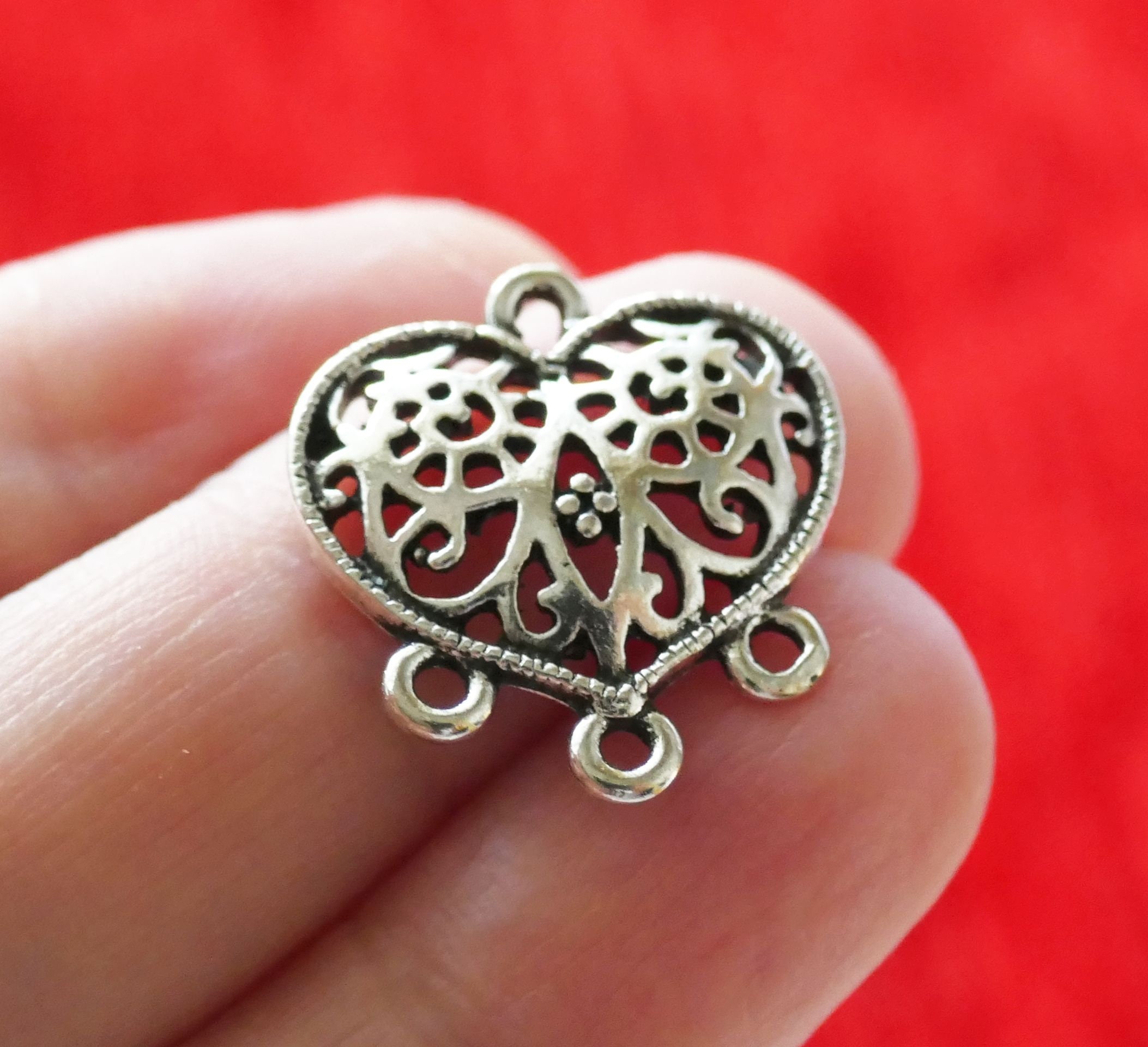 4x Heart Charm 3 Hole Connectors, Antique Silver Tone
