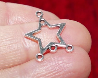 10x Star Charm 3 Hole Earring Connector, Small Antique Silver Double Sided 3 Strand Necklace/Bracelet  Pendant Connector D187