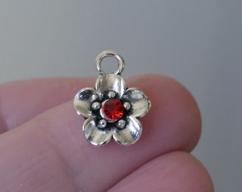 4x Mixed Color Rhinestone Flower Charms, Antique Silver Tone F258