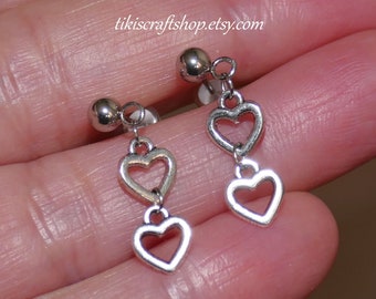 Small Heart Charm Dangle Earrings, Silver Tone Stainless Steel Ball Stud Earrings F142