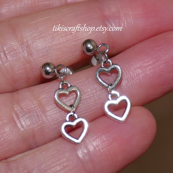 Small Heart Charm Dangle Earrings, Silver Tone Stainless Steel Ball Stud Earrings F142