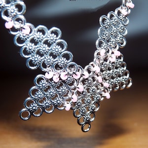 Handmade Floral Necklace with Pink Glass Beads – Stainless Steel Chain – Vintage Style Jewelry