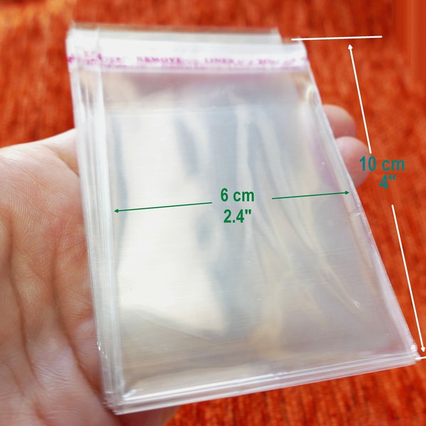 50 sachets auto-adhésifs en plastique transparent, 10 cm x 6 cm, emballage en cellophane, pochettes en plastique transparentes, sachets en plastique pour bijoux F023