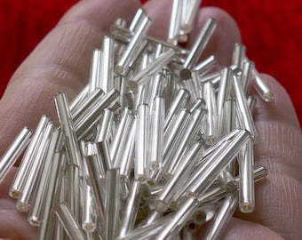 50x Long Silver Lined Tube Glass Bugle Beads 20mm Spacer Beads D047