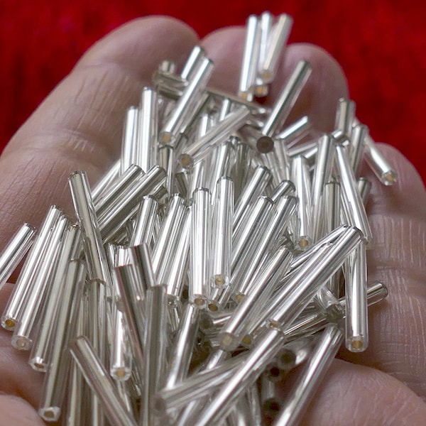 50x Long Silver Lined Tube Glass Bugle Beads 20mm Spacer Beads D047