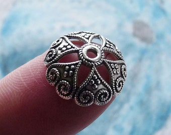 4x Flower Bead Caps, 15mm Antique Silver tone Big Flower Metal Bead Caps, Beading Supplies C316