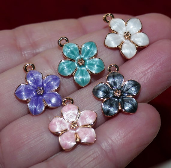 3x Plum Blossom Charms, Enamel Flower Charms Pink/purple/gray