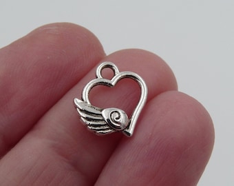 5/10x Heart Love Charms, Antique Silver Tone Double Sided Wing Charms C329