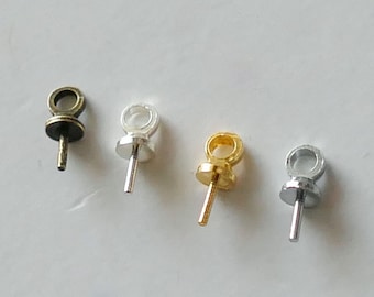 20/50個入りベイルキャップとペグ、ゴールド/シルバー/ブロンズトーンビーズキャップベイル（ペグ付き）、ハーフドリルビーズ用ドロップベイル、イヤリングコネクターD132