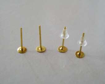 20/50/100x Gold Color Flat Back Blank 4mm Earring Studs with Rubber Backs F205