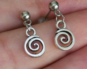 Small Spiral Earrings, Silver Tone Stainless Steel Ball Stud Earrings, Free Shipping H178