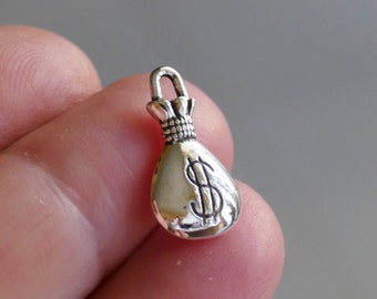 25x Money Bag  Dollar Bulk Charms, Antique Silver Tone Money Earring Charms, Double Sided Charms for Bracelet Charms D217