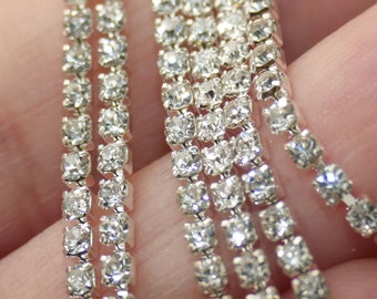 1 Meter Silver 2mm Glass Rhinestone SS6 Crystal Close Cup Chain, Sew on Clothes Accessories H120