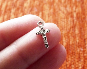 10x Cross Charm, Small Jesus on Cross Crucifix Charms for Bracelet, Antique Silver Tone Metal Charms C376