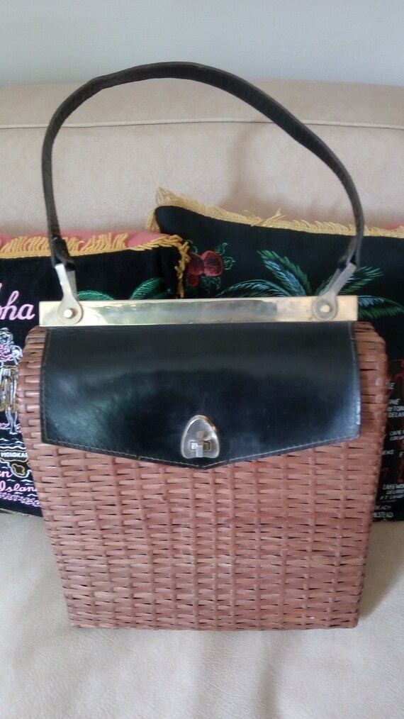 Large wicker and leather bag 1950s !!!
