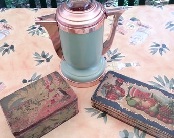 vintage coffee maker from the 50s plus Iron boxes with pretty designs