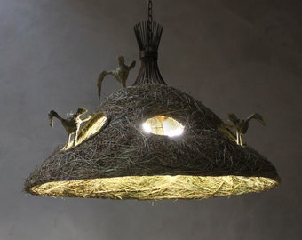 Hay chandelier, rustic primitive exclusive eco-friendly chandelier, country farmhouse pendant light with bird sculptures