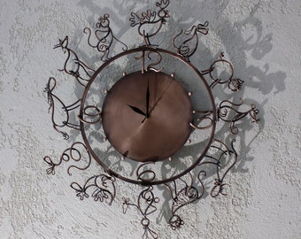 Wall Clock «TIME WHIRL», authentic copper wall clock decorated by 12 figures of animals