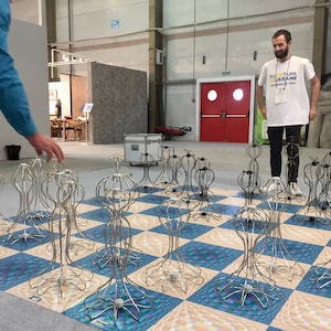 Floor chess set with collapsible metal chess pieces and PVC chess board, decorative chessmen only as home decor or gift for chess game lover