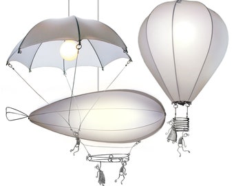 Chandelier «LIGHTER THAN AIR», hanging lamps: Light Parachute, Light Balloon, Light Zeppelin. Inspired by Human Romantic Strives for Flight