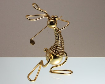 Rabbit Golfer souvenir sculpture | Bunny Golf Player figurine made of steel with electroplated gilding (of series "Time Whirl" by "ARTBUZ")